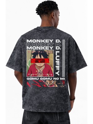 Sevbano Monkey D. Luffy One Piece Anime Baskılı Unisex Oversize Vintage Yıkamalı Tişört