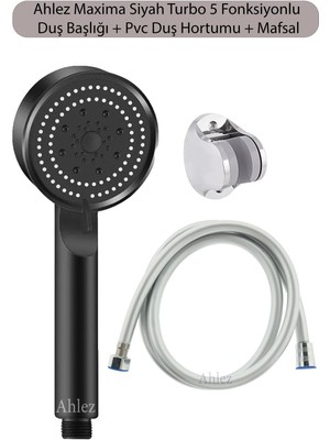 Özgürce Maxima Siyah Turbo 5 Fonksiyonlu Duş Başlığı ve Pvc Hortum Takımı