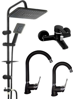 Özgürce Siyah Krom 4’lü Full Set Robot Duş ve Mutfak Bataryası Kolay Montaj