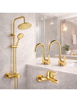 Özgürce Yuvarlak Gold Mutfak ve Banyo Bataryası Seti, Tepe Duşli Lüks 4'lü Batarya
