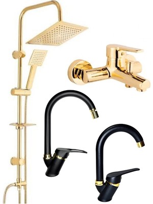 Özgürce Kare Gold Robot Duş Seti, Lüx Gold Banyo, Siyah ve Gold Detaylı Tasarım