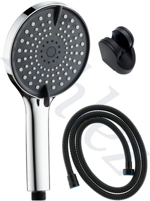 Özgürce Siyah Yuvarlak 3 Fonksiyonlu El ve Duş Seti, Örgülü ve Mafsal Tasarımı