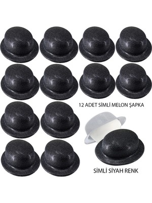 İlk El Grup Ieg™ Siyah Renk Simli Melon Yuvarlak Parti Şapkası 12 Adet