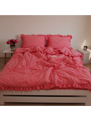 Maki Home %100 Pamuklu Fırfırlı Fuşya 200X220+2*(50X70) Çift Kişilik Nevresim ve Yastık Kılıfı Seti