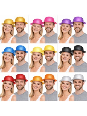 İlk El Grup Glitter Simli Melon Şapka 9’lu Set - 9 Renk Parti ve Kostüm Şapkası Tkç(Itd)