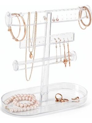Özgürce Şeffaf Akrilik Takı Organizer Standı 360° Döner Küpe ve Bileklik Askılığı