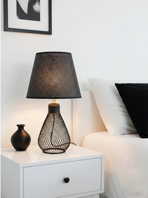 Decodelight Siyah Hasır Tel Ampul Model Metal Ayaklı Hasır Siyah Kumaş Şapkalı Abajur Masa Lambası