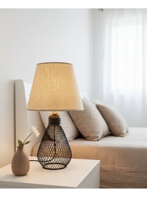 Decodelight Siyah Hasır Tel Ampul Model Metal Ayaklı Hasır Açık Kahve Kumaş Şapkalı Abajur Masa Lambası