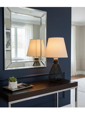 Decodelight Siyah Hasır Tel Ampul Model Metal Ayaklı Açık Krem Kumaş Şapkalı Abajur Masa Lambası
