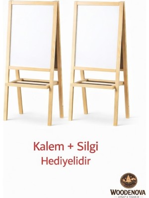 Woodenova Ahşap Ayaklı Çift Taraflı Beyaz Yazı Tahtası 98X42 cm – Katlanır & Çocuk Eğitim Tahtası – Kalem + Silgi Hediyeli