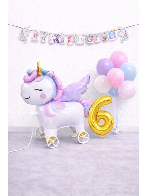 Unicorn Doğum Günü Süsleme Seti Tekerlekli Unicorn Folyo Balon, Gold Rakam ve Iyi Ki Doğdun Banner