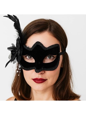 İlk El Grup Siyah Renk Yandan Tüylü Beyaz Incili Süet Kaplama A Kalite Lüks Parti Maskesi 20X23 cm Tkç(It