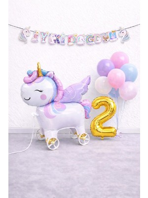 Bkmc Mini Tekerlekli Unicorn Balonlu  Karışık Balonlu Doğum Günü Seti Gold Rakamlı Parti Seti Süsü