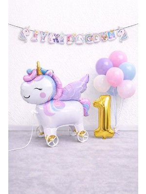Bkmc Mini Tekerlekli Unicorn Balonlu  Karışık Balonlu Doğum Günü Seti Gold Rakamlı Parti Seti Süsü