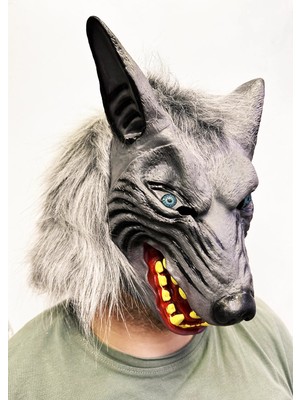 İlk El Grup Kafaya Tam Geçmeli Lateks Mavi Gözlü Dişli Ağzı Açık Kurt Maskesi Tkç(Itd)