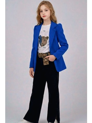Riccotarz Kız Çocuk Leopar Detaylı Tişört ve Yırtmaçlı Geniş Paça Kot Pantolonlu Mavi Blazer Ceketli Alt Üst Takım