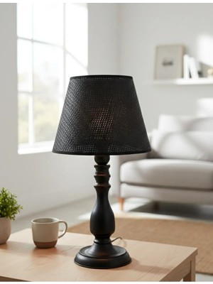 Decodelight Siyah Rustik Modern Metal Ayak 25CM. Çapında Hasır Siyah Kumaş Şapkalı Abajur Masa Lambası
