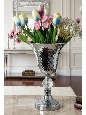 Decodelight Krom Dekoratif Desenli Metal Ayak Kristal Taş 20 cm Çapında Salon Düğün Nişan Vazo Masa Dekor