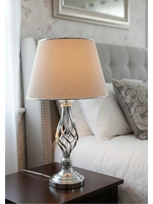Decodelight Gümüş Gri Burgulu Taşlı Metal Ayaklı 30'luk Krom Şeritli Keten Gri Kumaş Şapkalı Abajur Masa Lambası