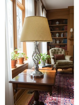 Decodelight Gümüş Gri Burgulu Taşlı Metal Ayaklı 30'luk Hasır Açık Kahverengi Kumaş Şapkalı Abajur Masa Lambası