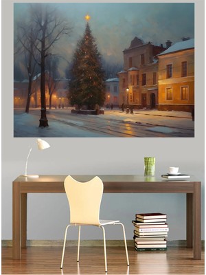 Mushen Studio Noel Ağacı Karlı Sokak Kanvas Tablo Yağlı Boya Efektli Kış Şehir Manzarası Duvar Dekoru