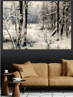 Mushen Studio Karlı Orman Ağaçları Kış Peyzajı Kanvas Tablo Yağlı Boya Efektli Doğa Duvar Dekoru