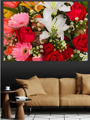 Mushen Studio Renkli Çiçek Buketi Güller Zambak Gerbera Doğal Kanvas Tablo