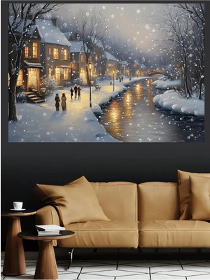 Mushen Studio Karlı Köyde Noel Işıkları Kanvas Tablo Yağlı Boya Efektli Kış Manzarası Duvar Dekoru