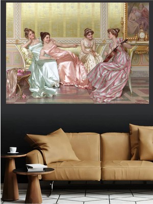 Mushen Studio Dört Hanımefendi Sohbet ve Keman Kanvas Tablo Yağlı Boya Efektli Klasik Portre Duvar Dekoru