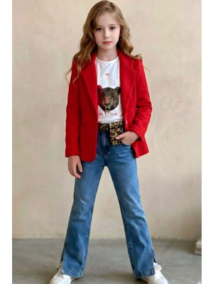 Riccotarz Kız Çocuk Leopar Detaylı Tişört ve Yırtmaçlı Geniş Paça Kot Pantolonlu Kırmızı Blazer Ceketli Alt Üst Takım