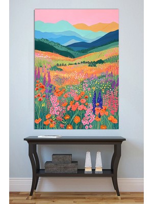 Mushen Studio Renkli Çiçek Tarlası Dağ Manzarası Tablo - Pastel Bahar Peyzaj Duvar Sanatı