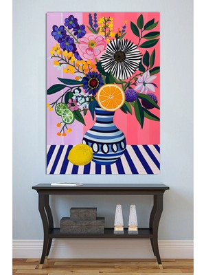 Mushen Studio Renkli Çiçek Buketi ve Meyve Tablo - Pembe Neon Pop Art Vazo Duvar Sanatı