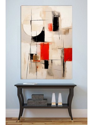 Mushen Studio Bej Krem Soyut Geometrik Tablo - Kırmızı Siyah Detaylı Modern Soyut Duvar Sanatı