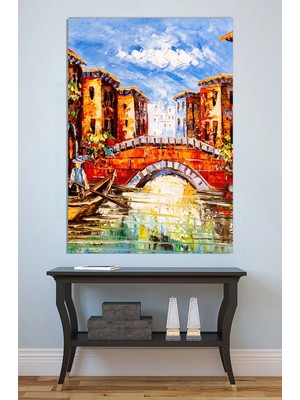 Mushen Studio Venedik Kanalları Gondol ve Köprü Tablo - Renkli Yağlıboya Venedik Manzarası Duvar Sanatı