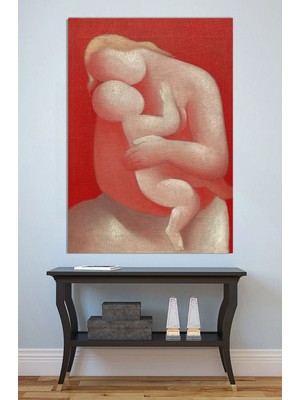 Mushen Studio Kırmızı Fon Anne Çocuk Natürmort Kanvas Tablo Yağlı Boya Efektli Modern Duvar Dekoru