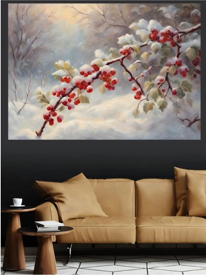 Mushen Studio Karlı Dallarda Kırmızı Meyveler Kanvas Tablo Yağlı Boya Efektli Kış Natürmort Duvar Dekoru