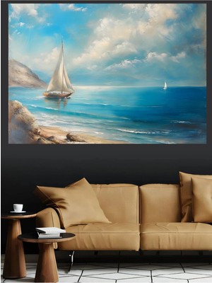 Mushen Studio Yelkenli Tekne Deniz Manzarası Kanvas Tablo Yağlı Boya Efektli Huzurlu Sahil Duvar Dekoru