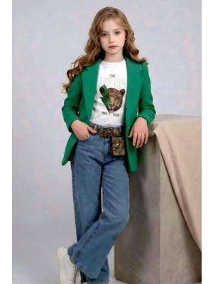 Riccotarz Kız Çocuk Leopar Detaylı Tişört ve Yırtmaçlı Geniş Paça Kot Pantolonlu Yeşil Blazer Ceketli Alt Üst Takım