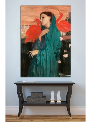 Mushen Studio Kırmızı Ibises Kuşu ile Kadın Kanvas Tablo Yağlı Boya Efektli Oryantalist Duvar Dekoru