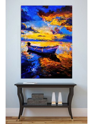 Mushen Studio Gün Batımında Küçük Tekne Tablo - Yağlıboya Tarzı Dramatik Deniz Manzarası Duvar Sanatı
