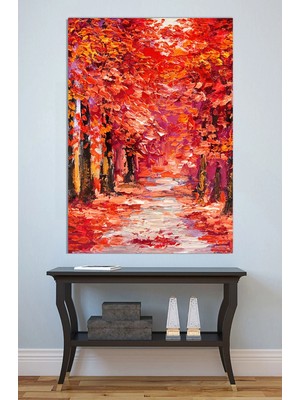 Mushen Studio Sonbahar Ağaç Tüneli Kırmızı Turuncu Kanvas Tablo Yağlı Boya Efektli Peyzaj Duvar Dekoru