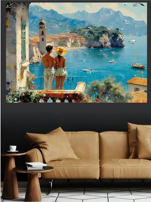 Mushen Studio Amalfi Sahili Balkon Çifti Kanvas Tablo Yağlı Boya Efektli Romantik Deniz Manzarası Duvar Dekoru