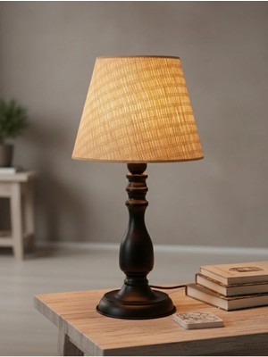 Decodelight Siyah Rustik Modern Metal Ayak 25CM. Çapında Açık Kahverengi Bambu Kumaş Şapkalı Abajur Masa Lambası