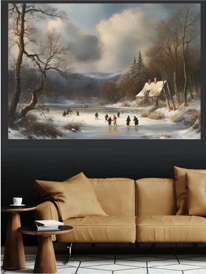 Mushen Studio Karlı Buzda Kayak Yapan Köylüler Kanvas Tablo Yağlı Boya Efektli Kış Peyzaj Duvar Dekoru