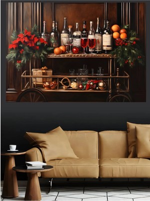 Mushen Studio Noel Bar Arabası Kokteyl ve Meyveler Kanvas Tablo Yağlı Boya Efektli Festive Duvar Dekoru
