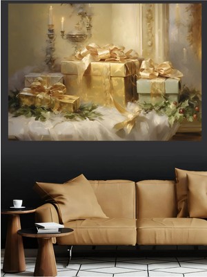 Mushen Studio Altın Hediye Kutuları ve Mumlar Natürmort Kanvas Tablo Yağlı Boya Efektli Noel Duvar Dekoru