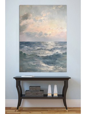 Mushen Studio Fırtınalı Deniz Dalga Yağlıboya Tablo - Gri-Mavi Gökyüzü Deniz Manzarası Duvar Sanatı