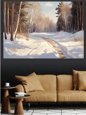 Mushen Studio Karlı Orman Yolu ve Çam Ağaçları Kanvas Tablo Yağlı Boya Efektli Kış Peyzaj Duvar Dekoru