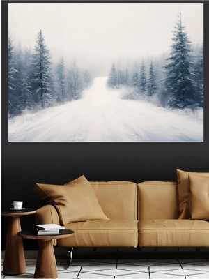 Mushen Studio Karlı Orman Yolu Sisli Çam Ağaçları Kanvas Tablo Yağlı Boya Efektli Kış Peyzaj Duvar Dekoru