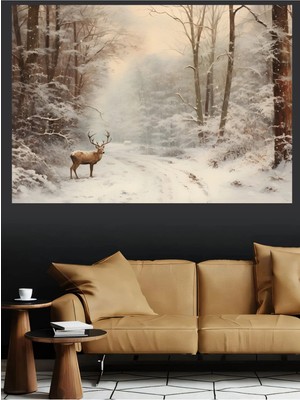 Mushen Studio Karlı Ormanda Geyik Kanvas Tablo Yağlı Boya Efektli Kış Peyzaj Duvar Dekoru